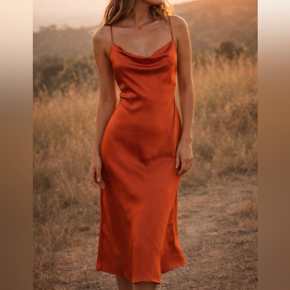 Show Me Your MuMu Dresses & Skirts - Show Me Your Mumu Silk Look Slip Dress L Orange Satin Cowl Neck Midi StrappyBack